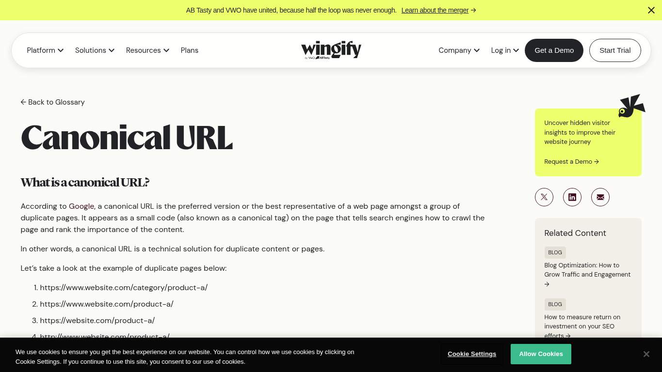 Screenshot of https://wingify.com/glossary/canonical-url/ Screenshot of https://wingify.com/glossary/canonical-url/