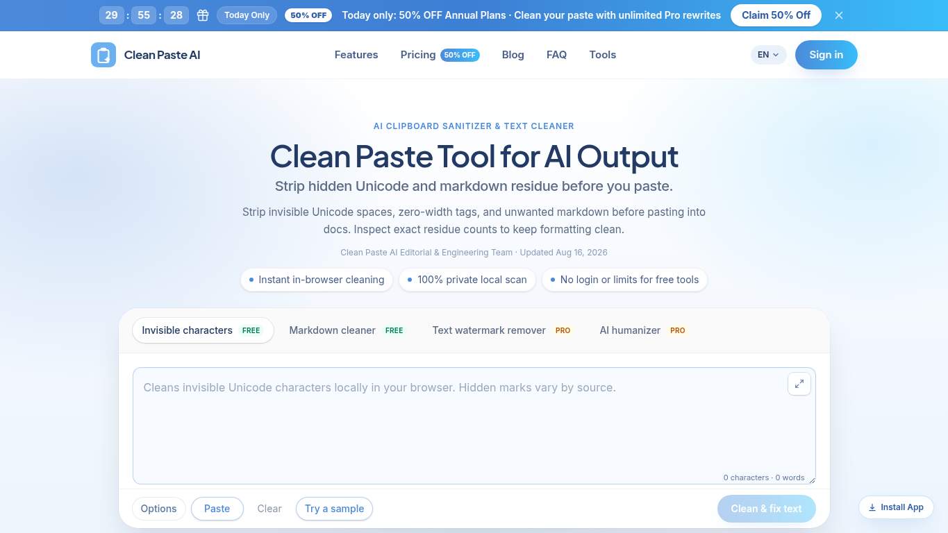 Screenshot of https://cleanpasteai.com/ Screenshot of https://cleanpasteai.com/