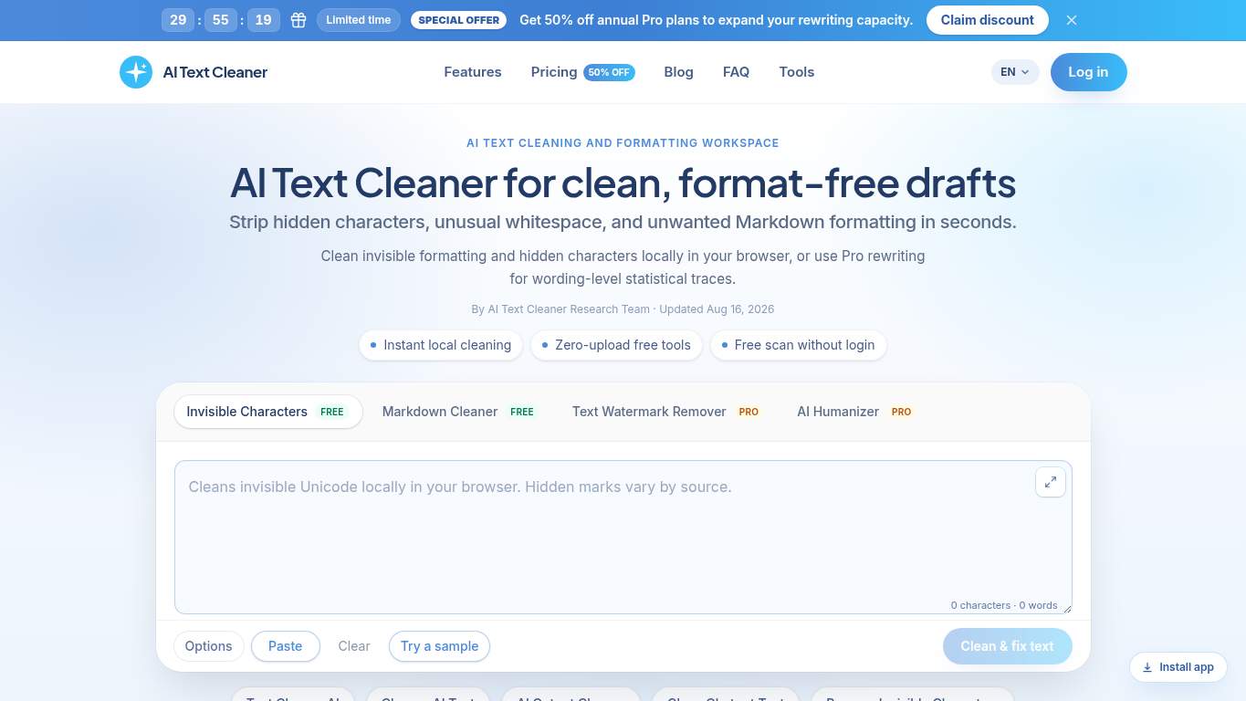Screenshot of https://aitextcleaner.pro/ Screenshot of https://aitextcleaner.pro/
